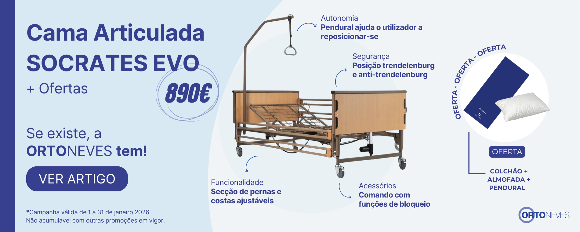 Cama Articulada Sócrates + Oferta Colchão SevenCare, Almofada e Pendural