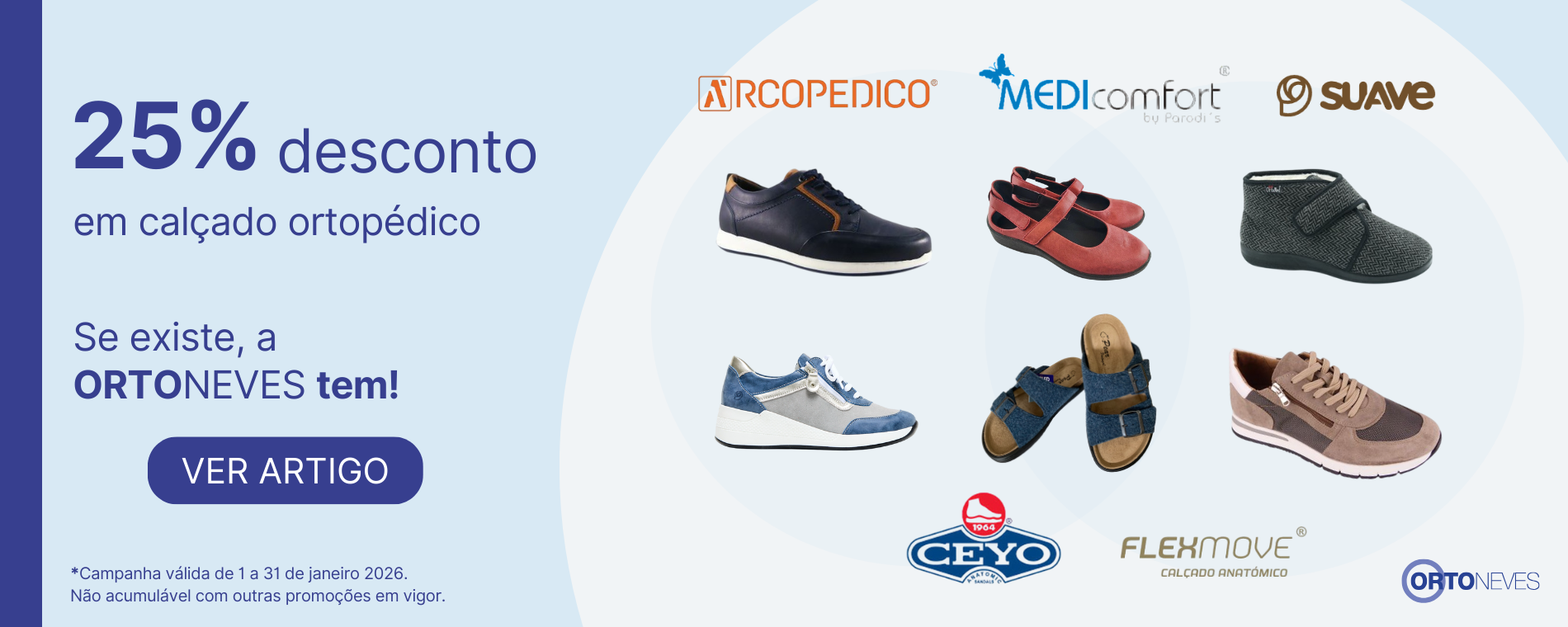 Desconto 25% em Calçado Ortopédico | Promoção OrtoNeves