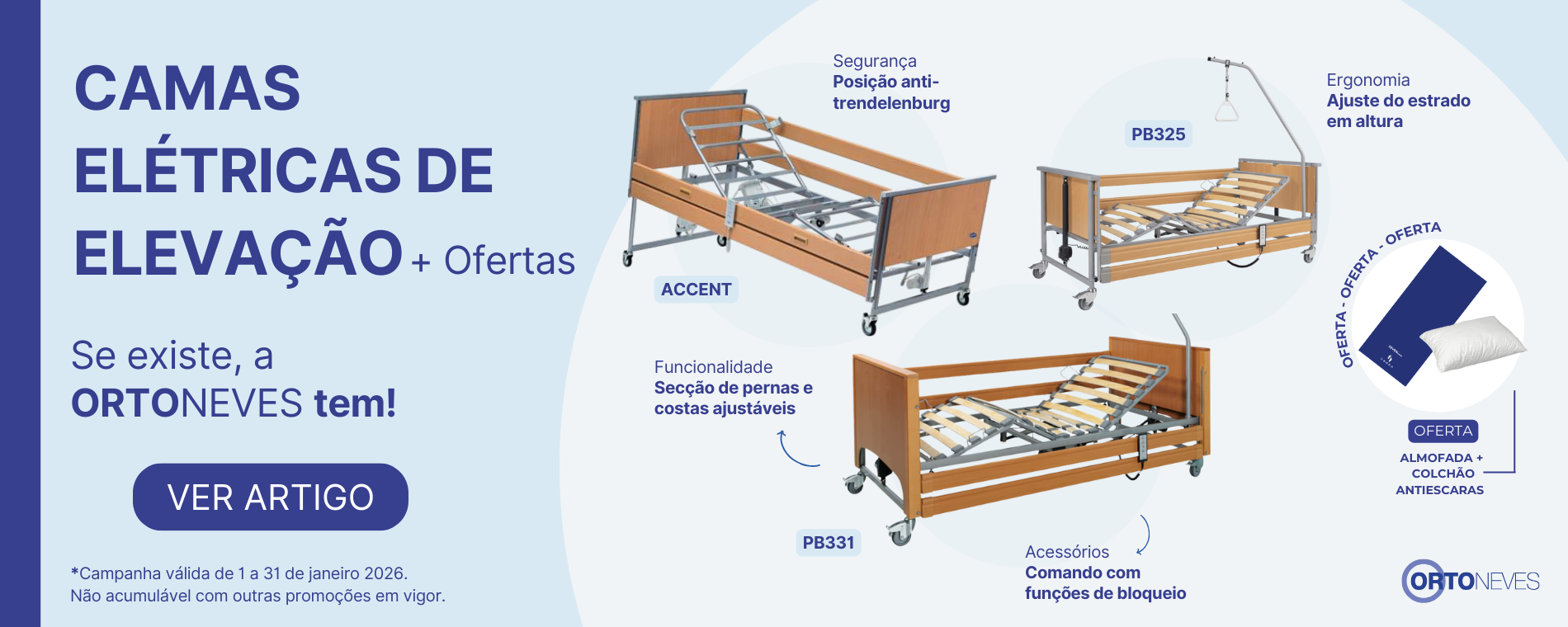 Camas elétricas de elevação (PB331, PB325, ACCENT) + Oferta