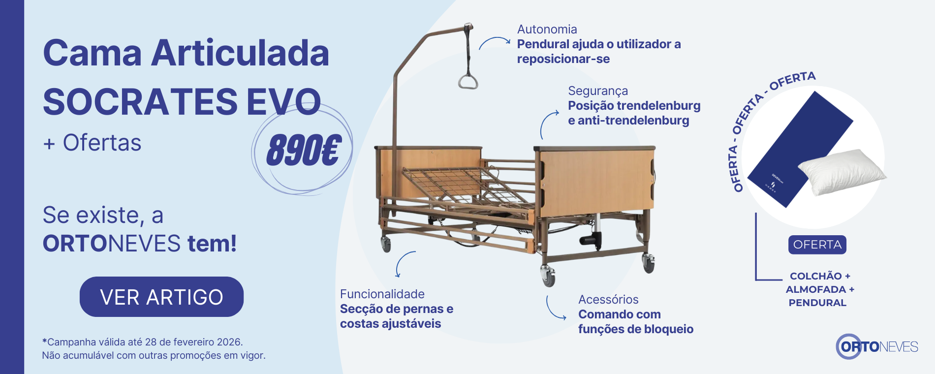 Cama Articulada Sócrates + Oferta Colchão SevenCare, Almofada e Pendural